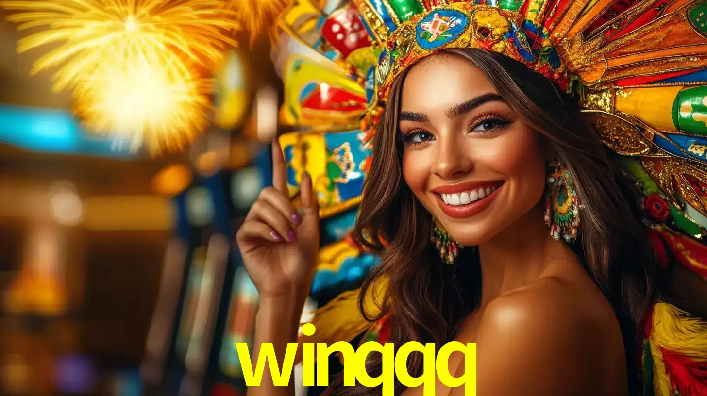 Mulher sorridente com um cocar de carnaval vibrante e colorido, celebrando uma grande vitória nos jogos do cassino winqqq com fogos de artifício ao fundo.