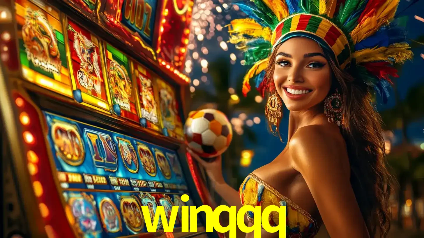 Mulher com um cocar de carnaval ao lado de uma máquina de caça-níqueis enquanto segura uma bola de futebol, mostrando a união da diversão de cassino e esportes no winqqq.