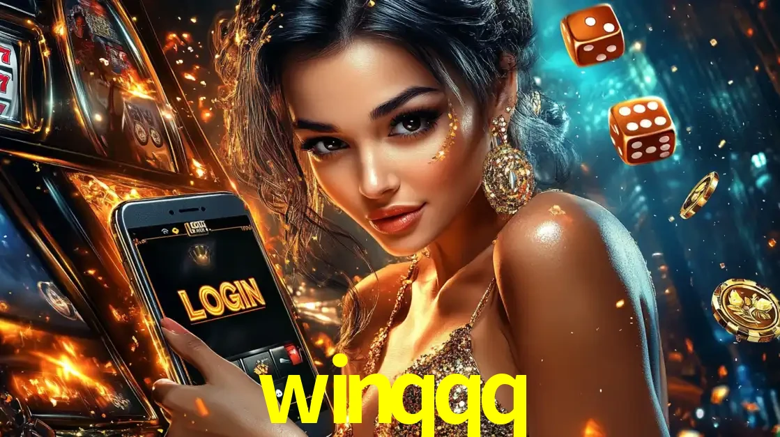 Mulher glamourosa segurando um celular com a tela de login do cassino winqqq, rodeada por dados e moedas douradas, pronta para começar a diversão.