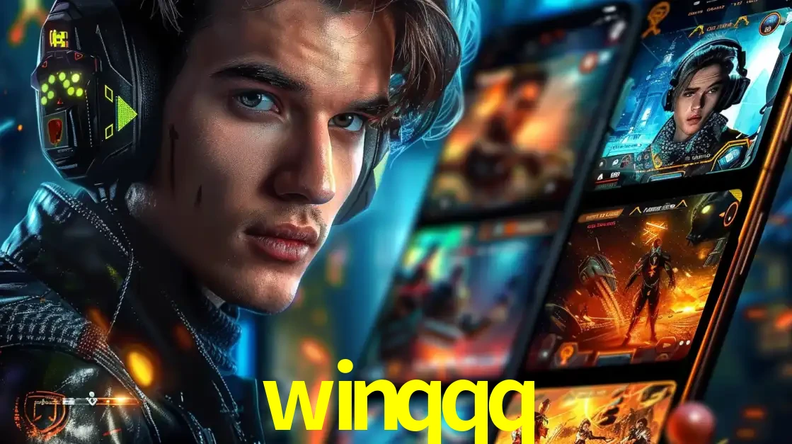 Jovem jogador com fones de ouvido olhando para a câmera, com um aplicativo de jogos e e-sports para celular ao fundo, pronto para a competição e apostas no winqqq.