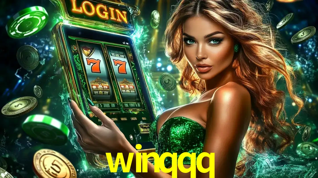 Mulher com tema verde apresentando o aplicativo do cassino winqqq com um jogo de slot de 777, cercada por fichas de cassino e uma aura de sorte.