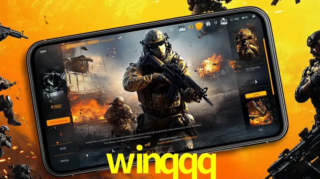 Um smartphone exibindo a interface de um jogo de tiro em primeira pessoa, com um soldado em um cenário de batalha, representando a ação dos e-sports para apostar no winqqq.