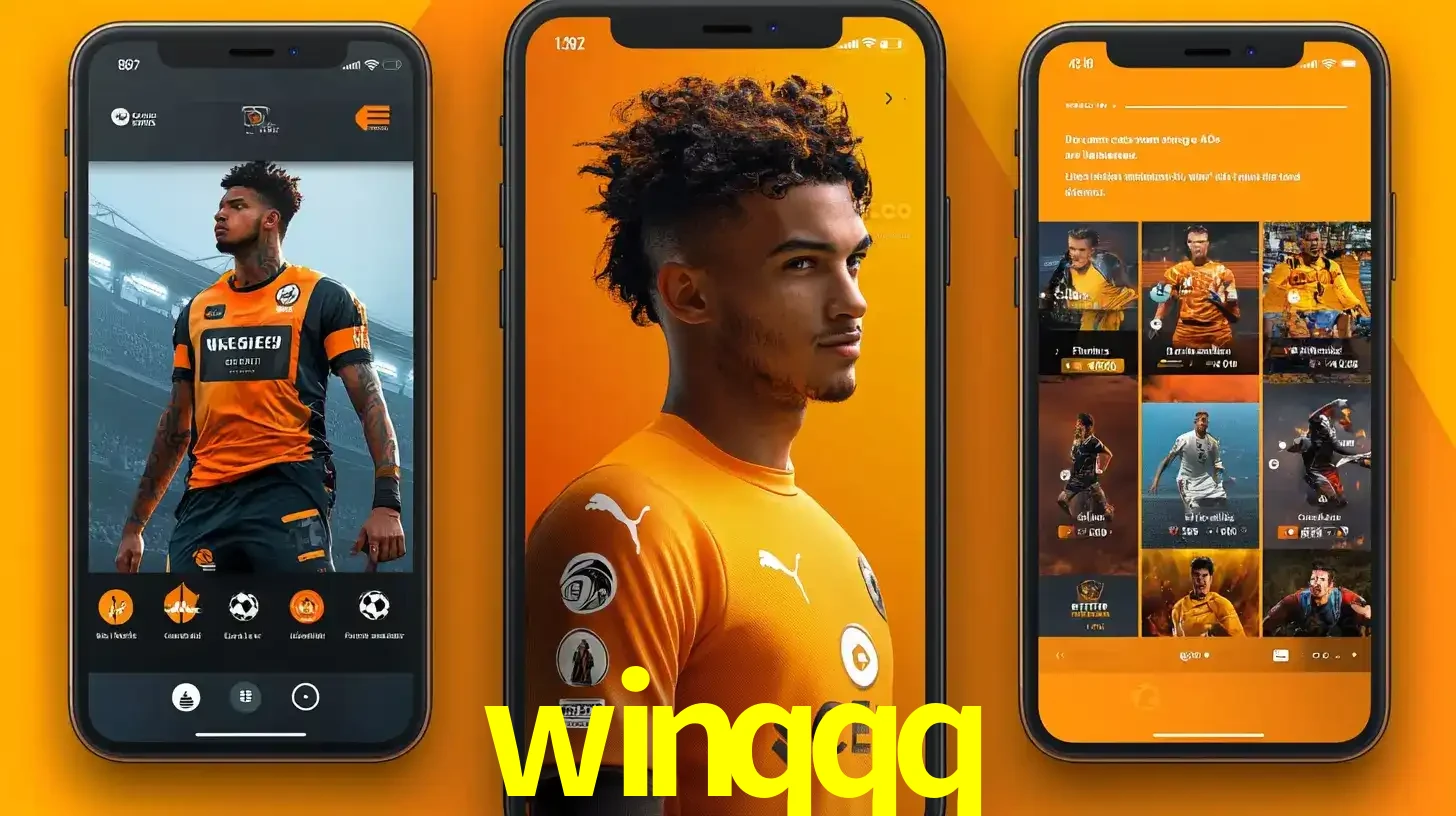 Interface do aplicativo de apostas esportivas winqqq em três telas de celular, mostrando o perfil de um jogador de futebol e a lista de jogos disponíveis para apostar.