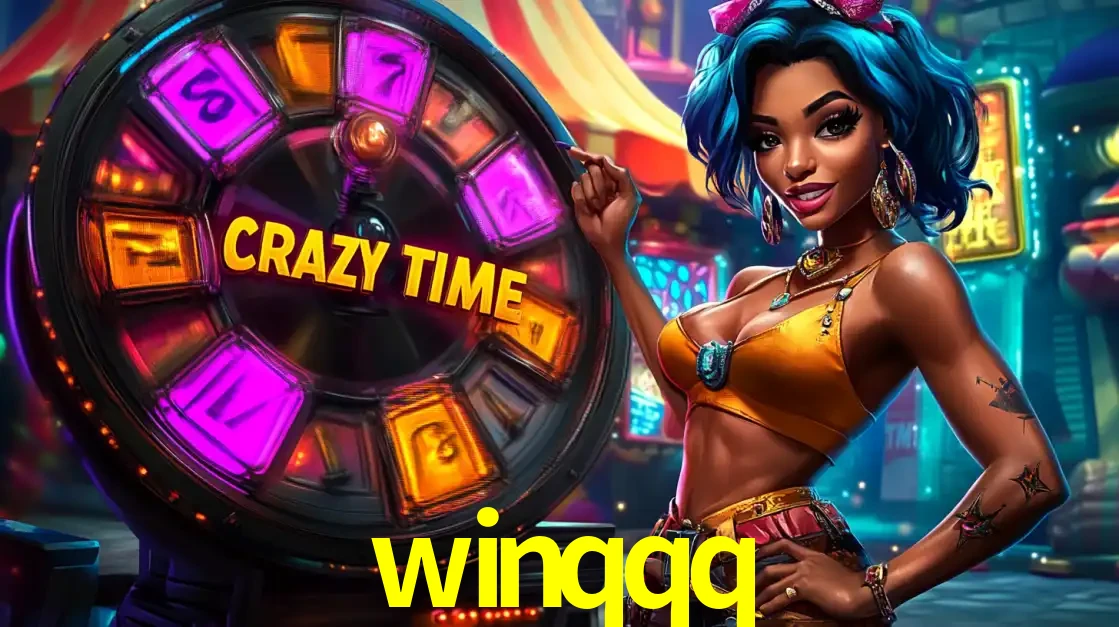 Mulher estilizada com cabelo azul e visual vibrante posando ao lado da roda de prêmios do game show Crazy Time, convidando para a diversão e os bônus do cassino winqqq.