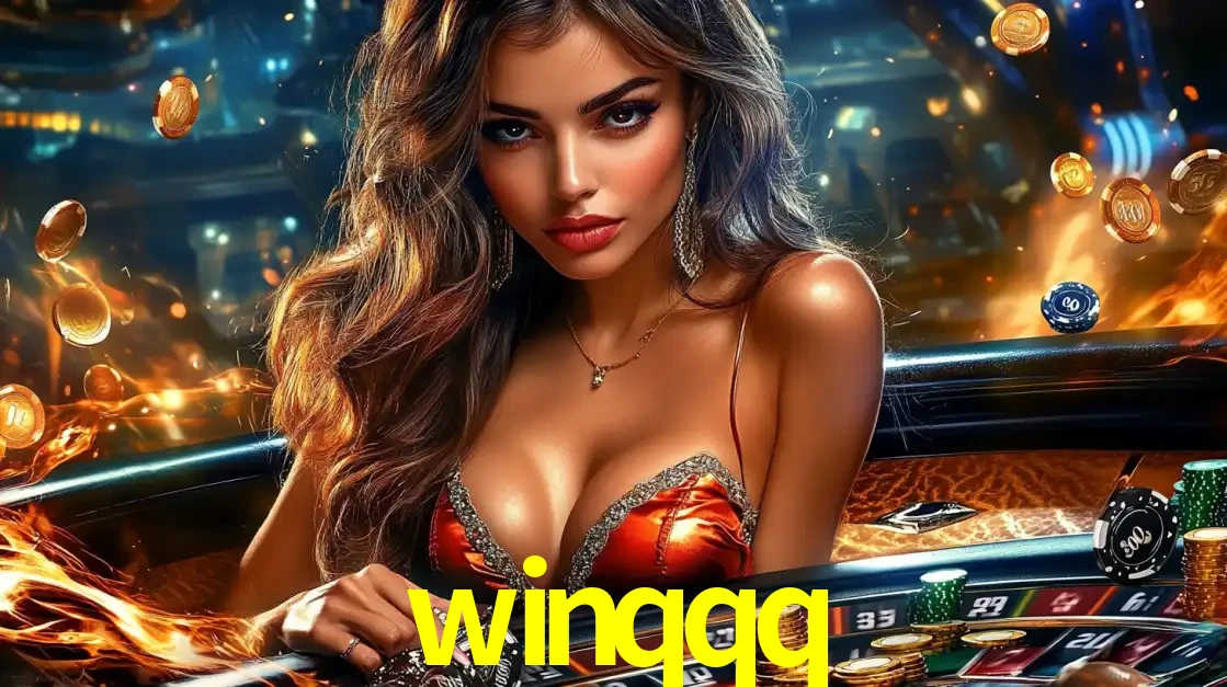 Mulher glamourosa em uma mesa de roleta com um fundo de chamas e moedas voadoras, pronta para fazer sua aposta e ganhar grandes prêmios no cassino ao vivo winqqq.