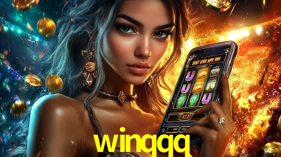 Mulher elegante mostrando um jogo de caça-níqueis em seu smartphone, destacando a experiência de cassino móvel oferecida pelo aplicativo winqqq.