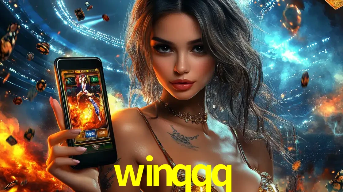 Mulher segurando um celular com um jogo de slot em destaque, tendo como fundo um estádio vibrante, simbolizando a emoção de jogar no cassino móvel winqqq.