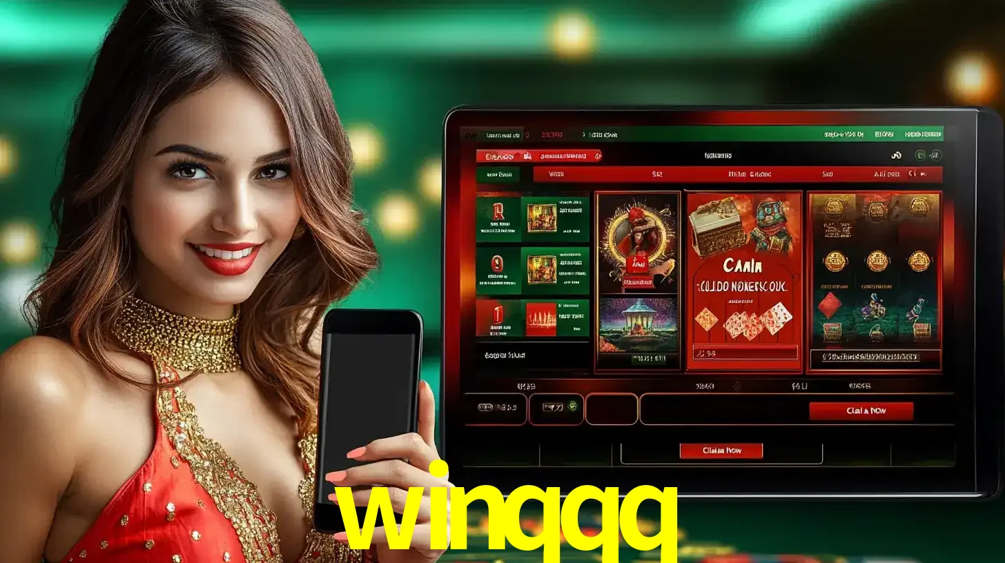 Mulher sorridente segurando um smartphone, ao lado de uma tela exibindo o lobby de jogos do cassino online winqqq, com várias opções de jogos de cartas e slots.